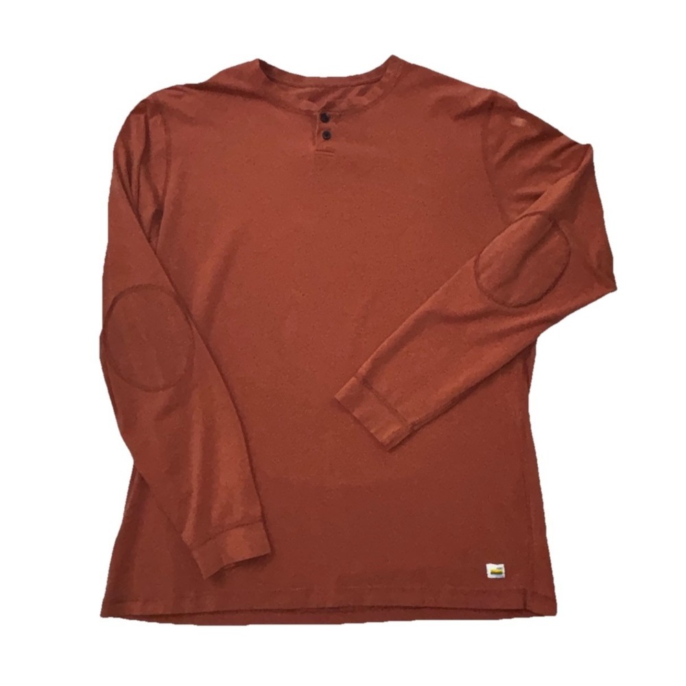 Vuori Mens‎ Long Sleeve Henley Shirt Burnt Orange Elbow Patches Rust Size XL